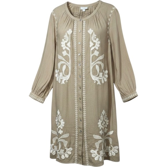 J. Jill Dresses & Skirts - J.Jill Womens Embroidered Long Sleeve Button Front Linen Blend Dress Tan Small
